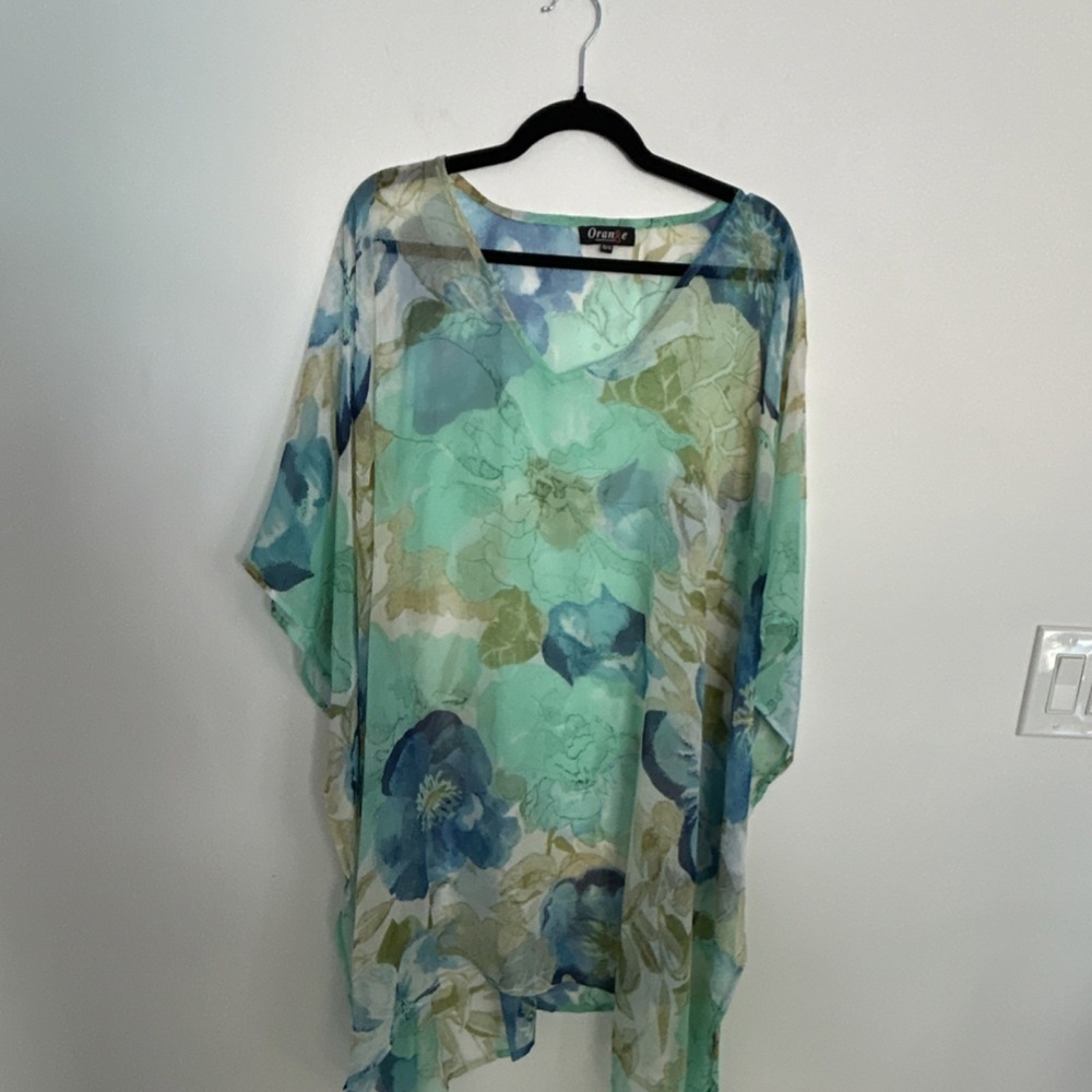 Womens Orange Sheer Chiffon Floral V Neck Tunic Blouse Cover Up One Size